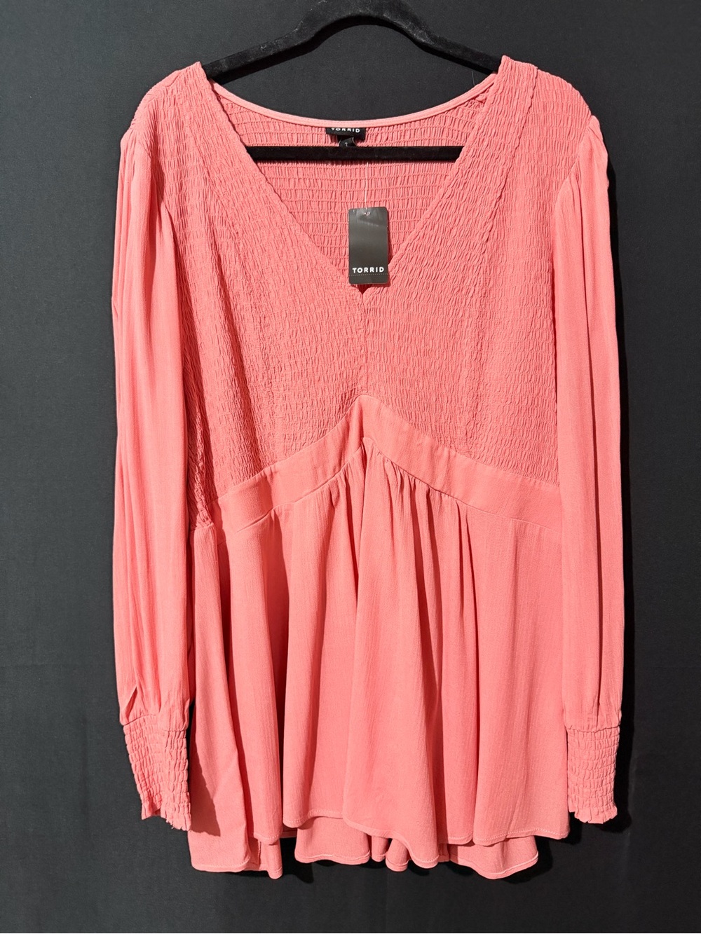 torrid Coral Smocked V-Neck Long Sleeve Blouse